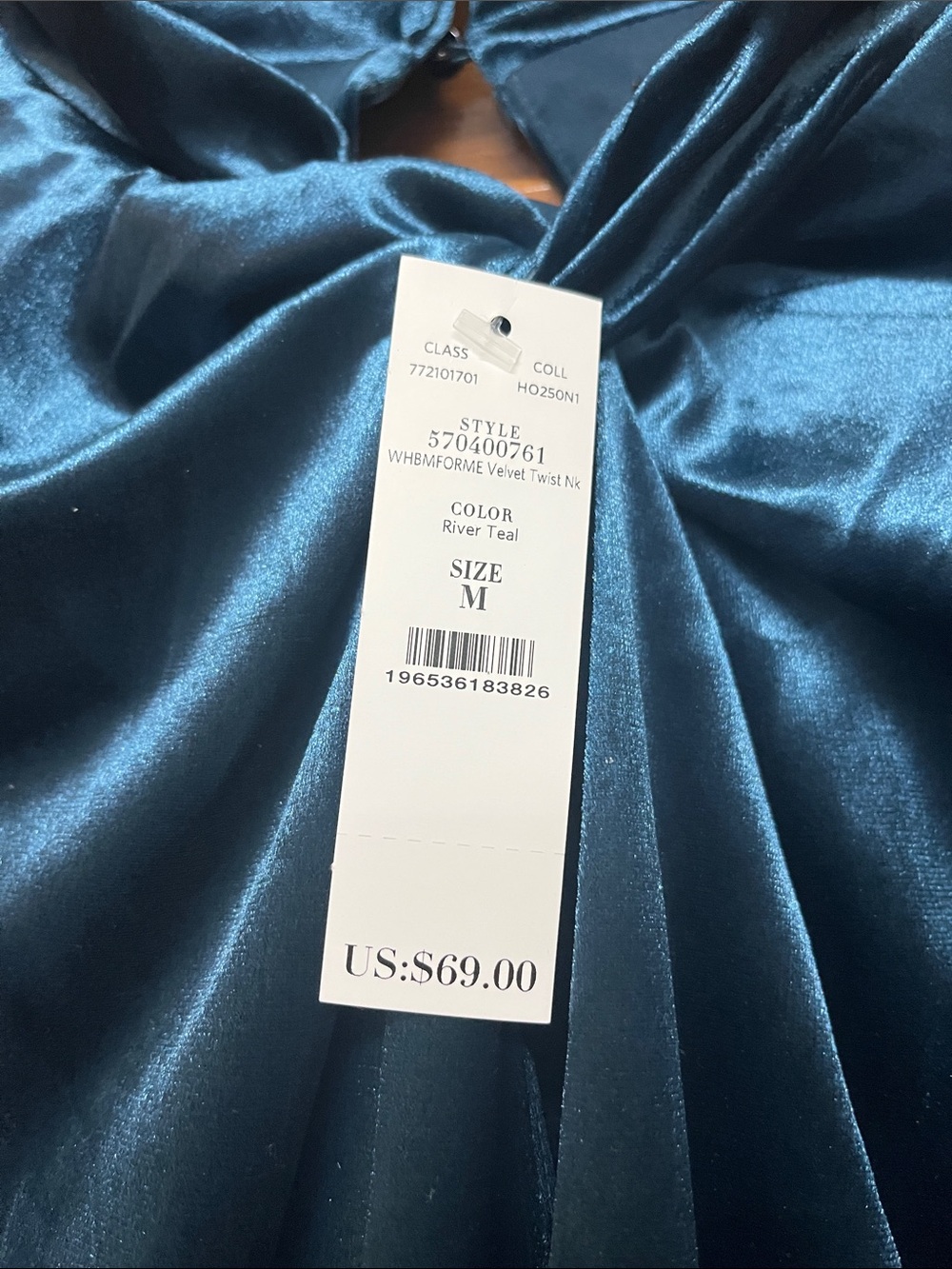 White House Black Market Teal Velvet Twist-Neck Long Sleeve Top - Picture 5 of 7